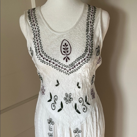 Vintage 90s Y2K White Embroidered Boho drop waist Midi Dress Free Size romantic - Picture 3 of 14